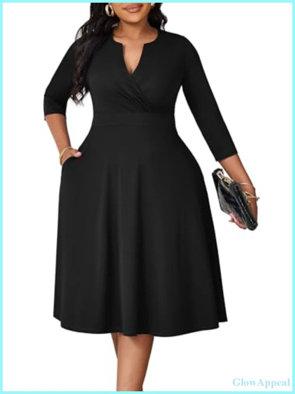 Plus Size A-Line V-Neck Midi Dress with Pockets 3/4 Sleeve Casual Curvy